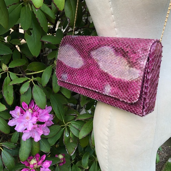 Vtg Purple Python Snakeskin Gold Chain Clutch Bag - Picture 8 of 17
